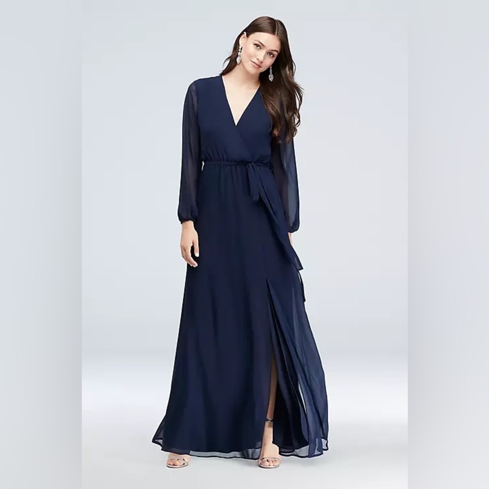 EUC David’s bridal long sleeved chiffon Navy dress - women’s size 2